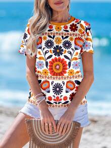 SHEIN LUNE Women's Print Casual Round Neck T-Shirt - Multicolor - View 5