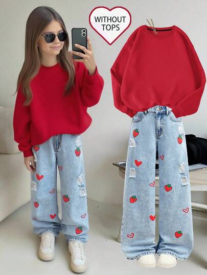 SHEIN Tween Girl Casual All-Match Versatile Cute Strawberry Heart Pattern Comfortable Loose Distressed Ripped Straight Leg Denim Jeans, Suitable For Daily Wearkid's Fall Winter ,New Year,Christmas,For New Year's Eve,Spring Summer ,Streetwear Vintages,Comfortable And Versatile, For 8-12 Years Old Girls, Suitable For School, Home And Travel,Patched Pocket Baggy Casual Versatile Denim Pants