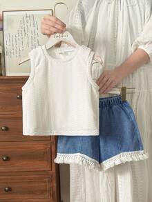 Vintaside Kids 少女夏季休闲度假纹理面料吊带背心和流苏边牛仔短裤套装 - 白色 - 查看 3