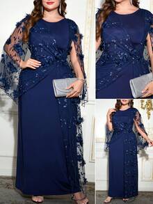 Reflora 曲线优美的大码女士优雅蓝色派对连衣裙，采用 3D 立体花卉网纱拼接和打结细节设计，高弹针织面料，高品质 3D 刺绣面料，新娘母亲礼服，大码，适合各种场合。高品质连衣裙，大码女式浪漫优雅蓝色烫钻网纱拼接圣诞大码女式水钻网纱圆领长袖优雅连衣裙，适合夜晚外出、复古风格女性，适合多种场合，新年、圣诞节、冬季女装、秋季婚礼宾客礼服、返校节礼服、约会之夜女装、外出连衣裙、婚礼宾客礼服、新娘母亲礼服、婚礼宾客正式礼服、婚礼活动礼服、秋季婚礼宾客礼服、优雅婚礼宾客礼服、平民、派对、2025新款、优雅派对礼服、派对礼服、时尚连衣裙、女士正装、圣诞节/圣诞礼服、情人节服装 - 藍色 - 查看 1