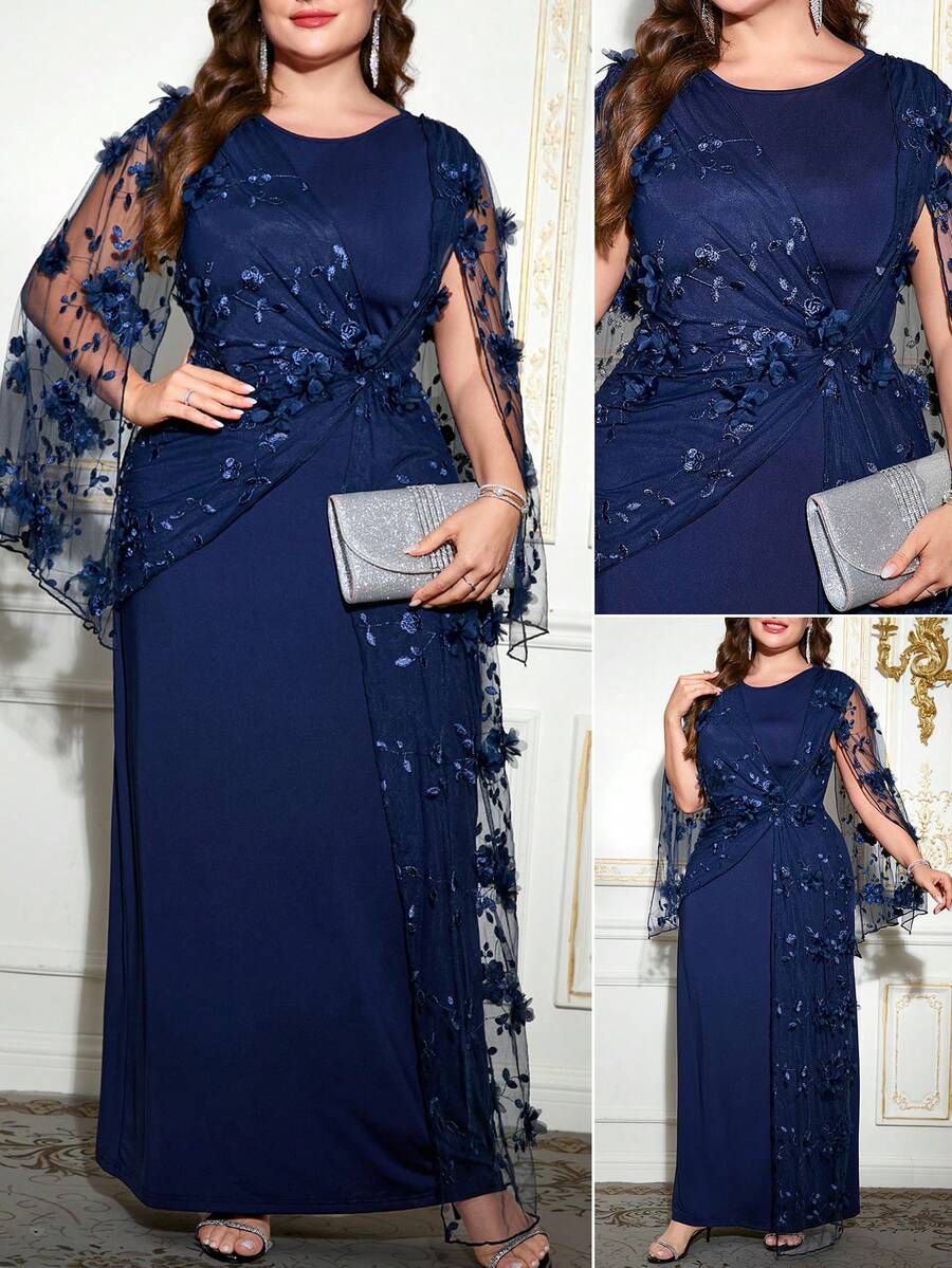 Reflora 曲线优美的大码女士优雅蓝色派对连衣裙,采用 3D 立体花卉网纱拼接和打结细节设计,高弹针织面料,高品质 3D 刺绣面料,新娘母亲礼服,大码,适合各种场合。高品质连衣裙,大码女式浪漫优雅蓝色烫钻网纱拼接圣诞大码女式水钻网纱圆领长袖优雅连衣裙,适合夜晚外出、复古风格女性,适合多种场合,新年、圣诞节、冬季女装、秋季婚礼宾客礼服、返校节礼服、约会之夜女装、外出连衣裙、婚礼宾客礼服、新娘母亲礼服、婚礼宾客正式礼服、婚礼活动礼服、秋季婚礼宾客礼服、优雅婚礼宾客礼服、平民、派对、2025新款、优雅派对礼服、派对礼服、时尚连衣裙、女士正装、圣诞节/圣诞礼服、情人节服装 - 藍色 - 查看 1