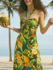 CAJUNI Women's Casual Vacation Tropical Parrot Party Lemon Yellow & Green Print Halter Neck Sleeveless Midi Dress, Date Outfit, Casual Elegant Dress, Outdoor Dress, Sundresses For Women Vacation, Green Beach Dress, Tropical Dresses For Women, Aloha Dress