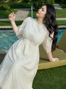 Dazy Plus 优雅蕾丝圆领短袖喇叭袖收腰杏色连衣裙，长款加大码女装春夏款 - 杏色 - 查看 3