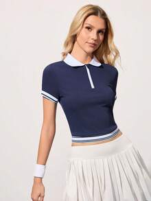 CourtClass Women's Collared Zip-Up Half Placket Casual Versatile Daily Outdoor Sports Tennis Top - Navy Blue - View 4