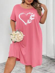 SHEIN CURVE+ Curve Plus Red Heart-Shaped Printed Long Dress, Valentine's Day - Pink - View 8