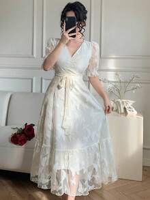 DAZY Women's Elegant Lace V-Neck Belted Mid-Length Dress, Summer - Beige - View 7