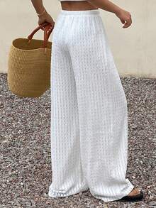 Livesso Women's Perforated Textured Grid White Casual Pants, Loose Relaxed Beach Holiday Style, Straight Leg, Spring/Summer - White - View 4