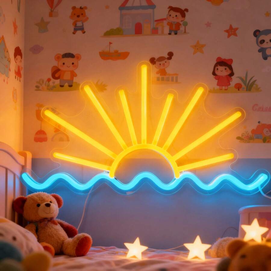 LED霓虹灯太阳和心形手势霓虹氛围灯，高透明度可调光卧室墙壁节日氛围装饰灯USB，发光图案节日氛围装饰灯，适合派对、节日和送礼，营造氛围。 - 彩色 - 查看 1