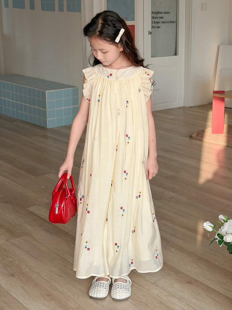 Tween Girl Floral Embroidery Round Neck Cap Sleeve Casual Cute Dress Summer