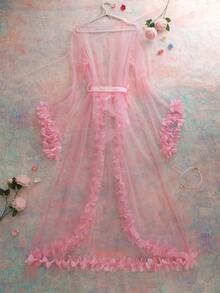 FloralLove Plus Size Floral Heavily Pleated Ruffle Sheer Hazy Innocent Cute Romantic Kawaii Lolita Style Robe For Music Festival, Party, Intimate Apparel - Pink - View 6