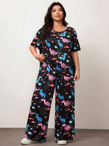 Enliva Plus Size Color Gradient Dinosaur Short Sleeved Pants Set, For Apple Rounded Body Shape - Multicolor - View 7