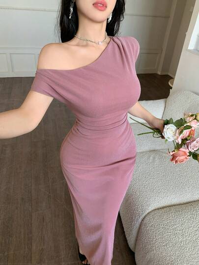 DAZY Women's Elegant Solid Color Asymmetric Ruched Shoulder Dress, Spring/Summer Wedding Guest Dress