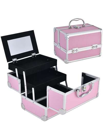 1 Caja de almacenamiento de maquillaje, bolsa de maquillaje portátil con espejo, herramientas de maquillaje profesionales, bolsa de maquillaje de viaje multifuncional impermeable de gran capacidad, caja organizadora de maquillaje