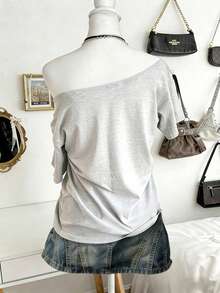 Lalippa 女士宽松露肩短袖印花T恤，休闲夏季上衣，浅灰色休闲短袖，优雅舒适设计，休闲户外T恤，露肩T恤。墨西哥卷饼和玛格丽塔T恤，墨西哥加勒比海滩女孩旅行邮轮T恤，柠檬T恤 - 灰色 - 查看 2