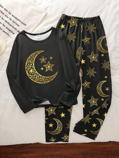 1 Set Tween Boys' Celestial Print Knit Crew Neck Long Sleeve Top And Matching Allover Celestial Print Pants Pajama Set, Spring/Autumn