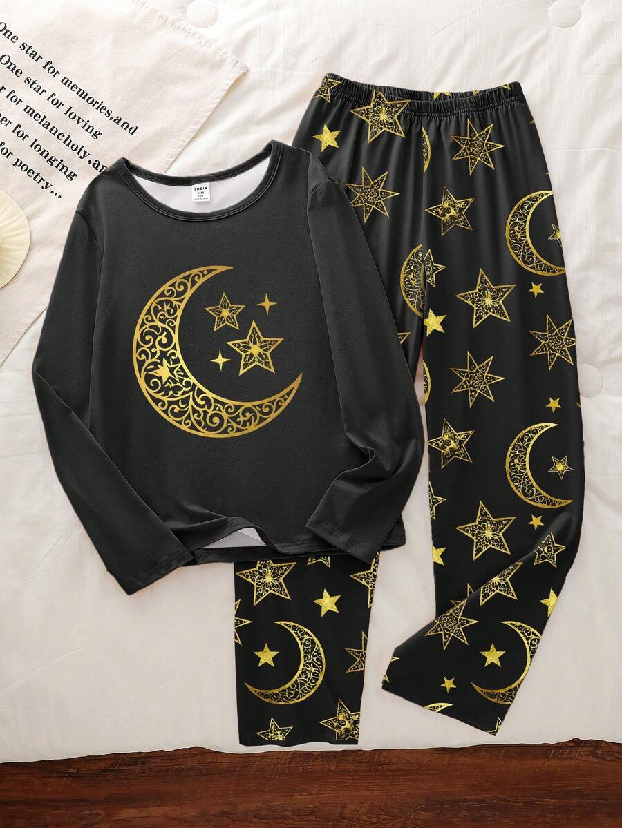 1 Set Tween Boys' Celestial Print Knit Crew Neck Long Sleeve Top And Matching Allover Celestial Print Pants Pajama Set, Spring/Autumn - Black - View 1
