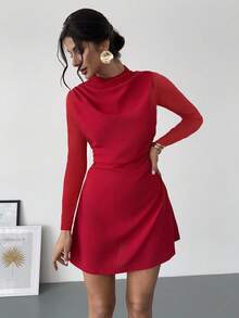 SHEIN PETITE CURVE Plus Size Elegant Red Satin Dress,Autumn Party Wedding Guest Dress For Women,Solid Color Waist Cinched Long Sleeve Curve Birthday Carnival Costume - Red - View 3