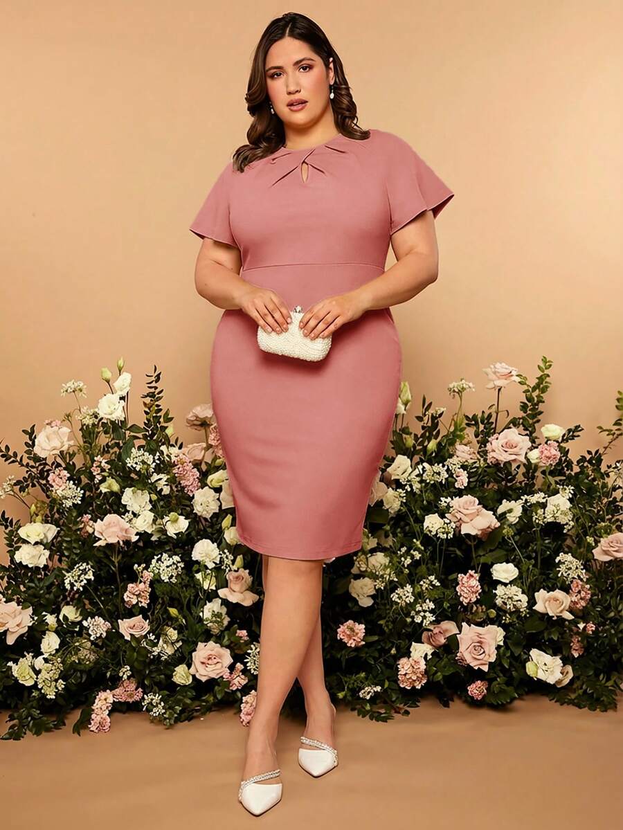SHEIN Belle Gaun Bridesmaid Ukuran Plus Elegan Warna Polos Lengan Pendek Pas Badan - Watermelon Pink - View 1