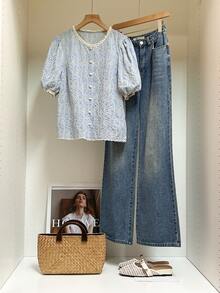 SHEIN Frenchy Women's Casual Floral Embroidered Shirt, Summer - Blue - View 3