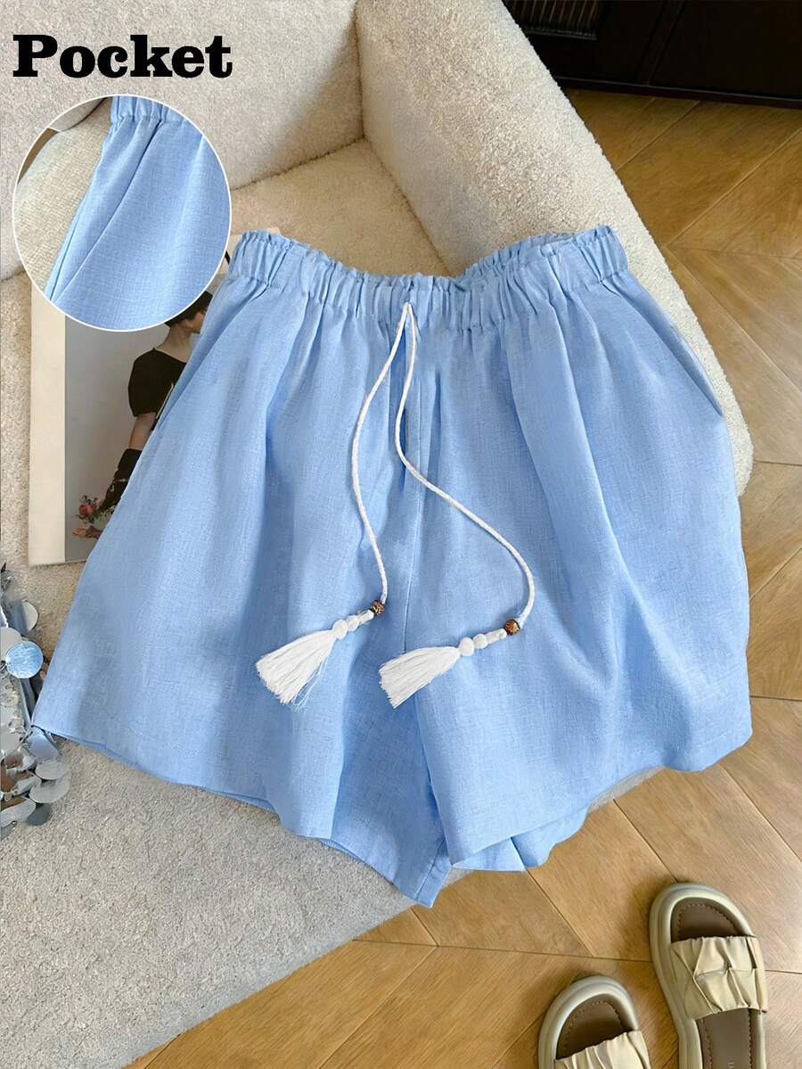 GlowEve CURVE Quần short cỡ lớn thanh lịch, trang trí túi, phù hợp cho đi làm và đi nghỉ mát, thích hợp cho mùa xuân/hè. - Màu xanh lam - Xem 1