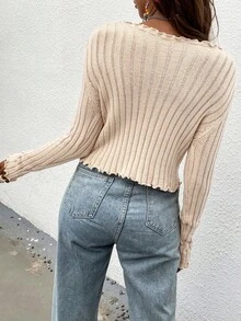SHEIN Raffinéa 女士休闲纯色深V领荷叶边前襟麻花针织轻薄开衫，秋季款 - 杏色 - 查看 2