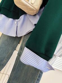 INAWLY Áo nỉ chui đầu dáng rộng thoải mái cho nữ có họa tiết sọc, ve áo, in khẩu hiệu và vai trễ, phù hợp cho mùa thu - Màu xanh lá cây đậm - Xem 6