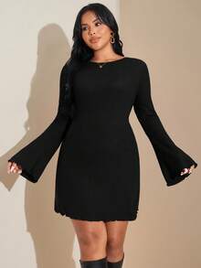SHEIN Tall CURVE 1件女士休闲纯色优雅喇叭袖连衣裙，春夏款 - 黑色 - 查看 4