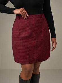 SHEIN Tall CURVE Plus Houndstooth Print Straight Skirt Without Belt - Red - View 3