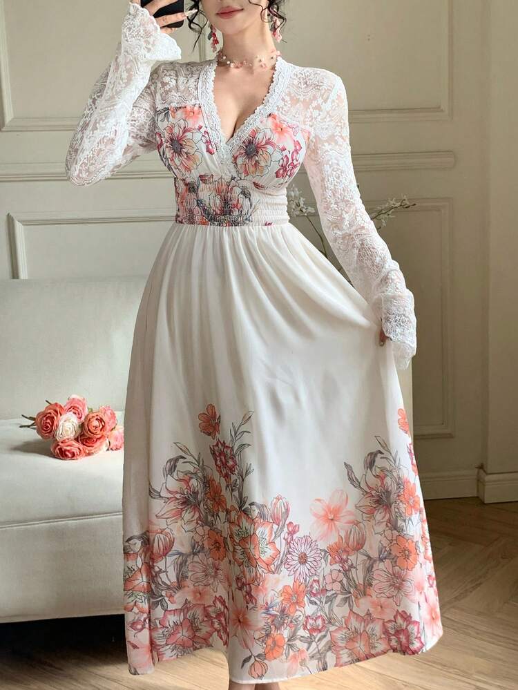 Spring & Summer Pink Floral All-Over Print Dress, Elegant For Valentine's Day, Wedding, Party, Formal Occasion, Fashion, Slim Fit, Long Sleeve, Maxi Length, Boho Chic Sundress