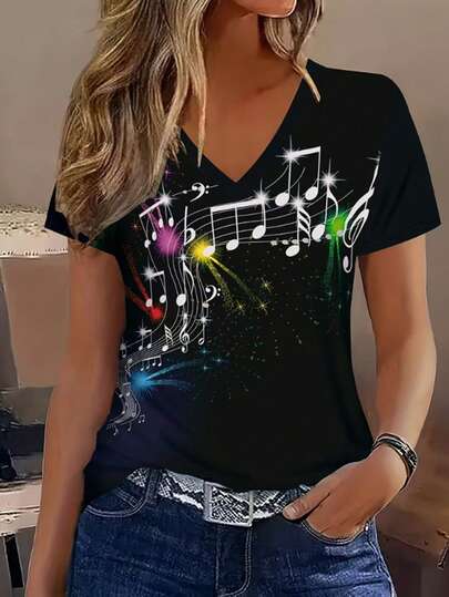 EMERY ROSE 2D Printed Countryside Music Festival Casual Fashion Vacation Abstract Tie-Dye Colorful Starry Curve Music Note Pattern All-Over Print V-Neck Short Sleeve T-Shirt Casual Blouse, New Summer Women Top
