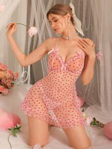 DelicateAllure 情人节粉色蕾丝网纱拼接蝴蝶结薄纱荷叶边内衣套装，精致优雅，性感迷人 - 粉色 - 查看 5