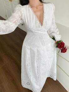 DAZY Đầm midi trắng dáng suông, cổ chữ V, chất liệu ren jacquard, thanh lịch, eo thon, thích hợp cho kỳ nghỉ hè, dự tiệc cưới, tiệc mùa hè dành cho nữ. - Màu be - Xem 6