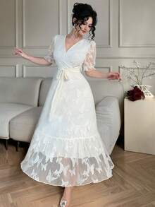 DAZY Women's Elegant Lace V-Neck Belted Mid-Length Dress, Summer - Beige - View 9