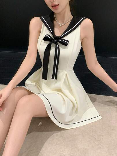 DAZY Women's Elegant Contrast Color Patchwork Collar Tie Sleeveless Mini Dress, Summer Wedding Guest Dress