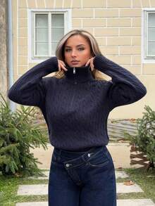 Jeta Ari New Arrival Autumn Half-Zip Loose Casual Women Sweater - Navy Blue - View 1