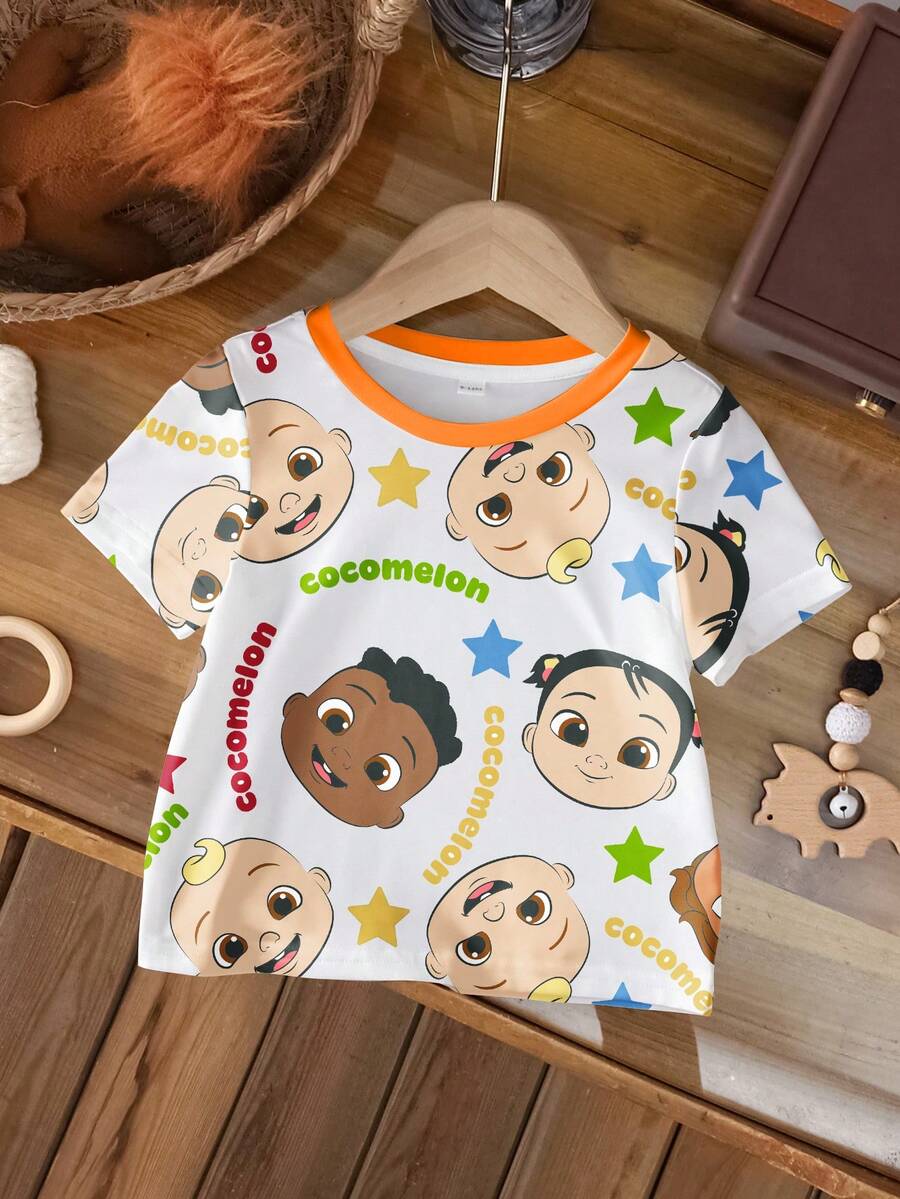 CoComelon X SHEIN Baby Boy Cartoon Figure Graphic Short Sleeve Top - White - View 1