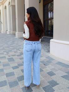 Hindelle 女士休闲纯色短款加垫背心，秋冬款 - 棕色 - 查看 2