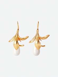 Opalesca 18 K Matte Gold Flower Shaped Pearl Drop Earrings,Outfits,Old Money,Beaded,Wedding/Bridal Accessories,Fairycore/Fairy,Pearl,Fall/Autumn/Winter,For Mom/Women/Girl/Mother,Elegant,Premium,Valentine's Day,Gift - Gold - View 2