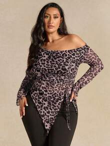 SHEIN BAE Plus Size Women Leopard Print Asymmetrical Neck Drawstring Ruched Fitted Top, Fashionable Streetwear, Spring/Autumn - Dark Grey - View 6
