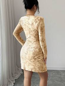 Modelyn Sexy Mesh Jacquard Hollow-Out Long Sleeve Women Dress - Multicolor - View 3