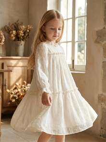 Vintaside Kids Váy dài tay nhiều lớp lưới cho bé gái, kiểu dáng ôm vừa vặn, thích hợp cho các buổi đi chơi, chụp ảnh, hoạt động ở trường, tụ họp tại nhà, vẻ ngoài thanh lịch, màu mơ, mùa xuân/thu - Màu be - Xem 9