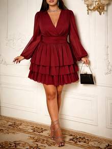Roveilla Plus Size Women Elegant Deep V Neck Ruched Flounce Hem Mini Dress Dark Red Dress Burgundy Dress Red Ruffle Dress Long Sleeve Elegant Dress Red Wine Dress - Burgundy - View 5