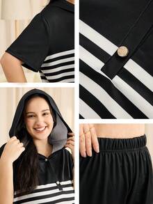 Momelise Bộ đồ nữ cỡ lớn họa tiết kẻ sọc tay ngắn cổ bẻ dáng suông kết hợp với quần ống rộng, trang phục thoải mái thường ngày, đi làm và dễ phối đồ, thích hợp cho mùa xuân. - màu đen - Xem 2