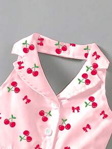 SHEIN Elladie kids Girls Summer New Fashionable Polo Collar Halter Backless Waist Cinched Sweet Versatile Vacation Dress Dresses Kids Girls Cherry Cute Summer Dresses For Kids Kids Casual Aline Sleeveless Dresses - Pink - View 3