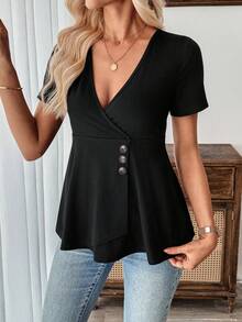 SHEIN LUNE Top à manches courtes col V couleur unie affinant la taille pour femmes - Noir - Voir 6