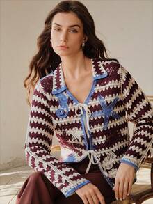 Anewsta Marine Life Striped Pattern Contrast Binding Tie Front Cardigan - Multicolor - View 6