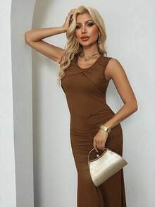Xyvia Women's Elegant Coffee Colored Ruched Round Neck Cross Wrap Front & Back Design Fitted Mermaid Hem Sleeveless Dress, Spring/Summer - Coffee - View 4