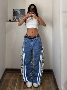 StreetHx Women's Side Stripe & Leopard Print Slant Pocket Wide Leg Jeans - Multicolor - View 7