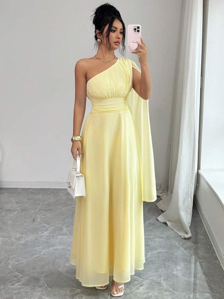 Elenzga Abito lungo da donna in chiffon a tinta unita con fodera, spalla singola, maniche oblique, collo scialle, vita arricciata regolabile, linea A senza maniche, elegante, vintage, romantico francese, minimalista, adatto per ufficio, pendolarismo, lavoro, casual, spiaggia, appuntamenti, tè pomeridiano, stile boho, medio orientale, nuova collezione primavera/estate - Giallo d'oca - Visualizzare 4