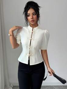 SHEIN Elenzya Women's Elegant French Style Short Sleeve Blouse, Suitable For Commute, Vacation, Afternoon Tea, Romantic, New Chinese Style With Stand Collar And Front Button Decoration, Spring/Summer - Apricot - View 7